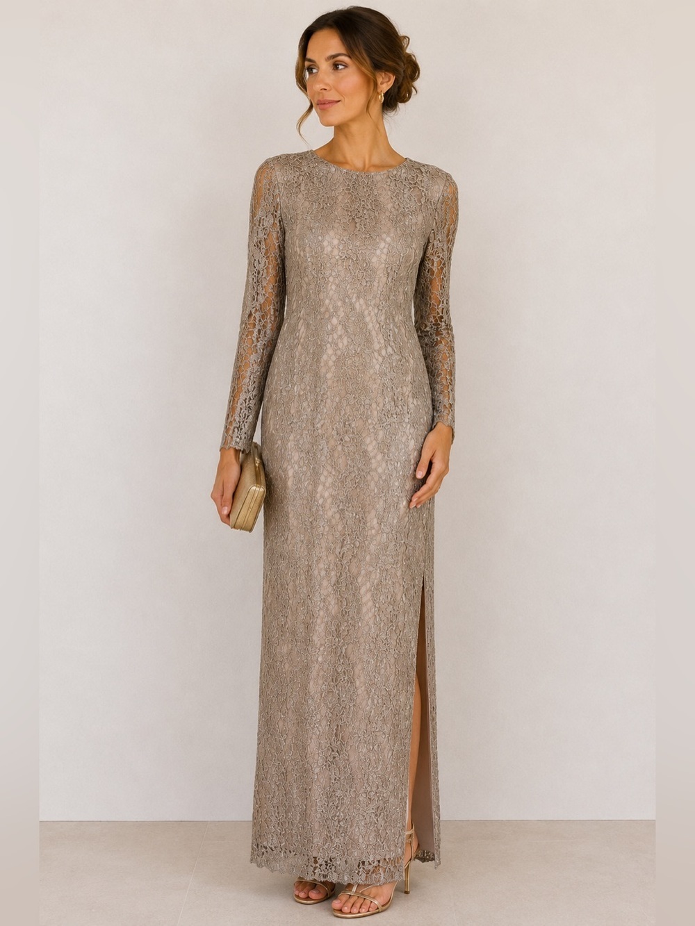 Ralph Lauren Taupe Metallic Lace Long-Sleeve Evening Gown Size 10